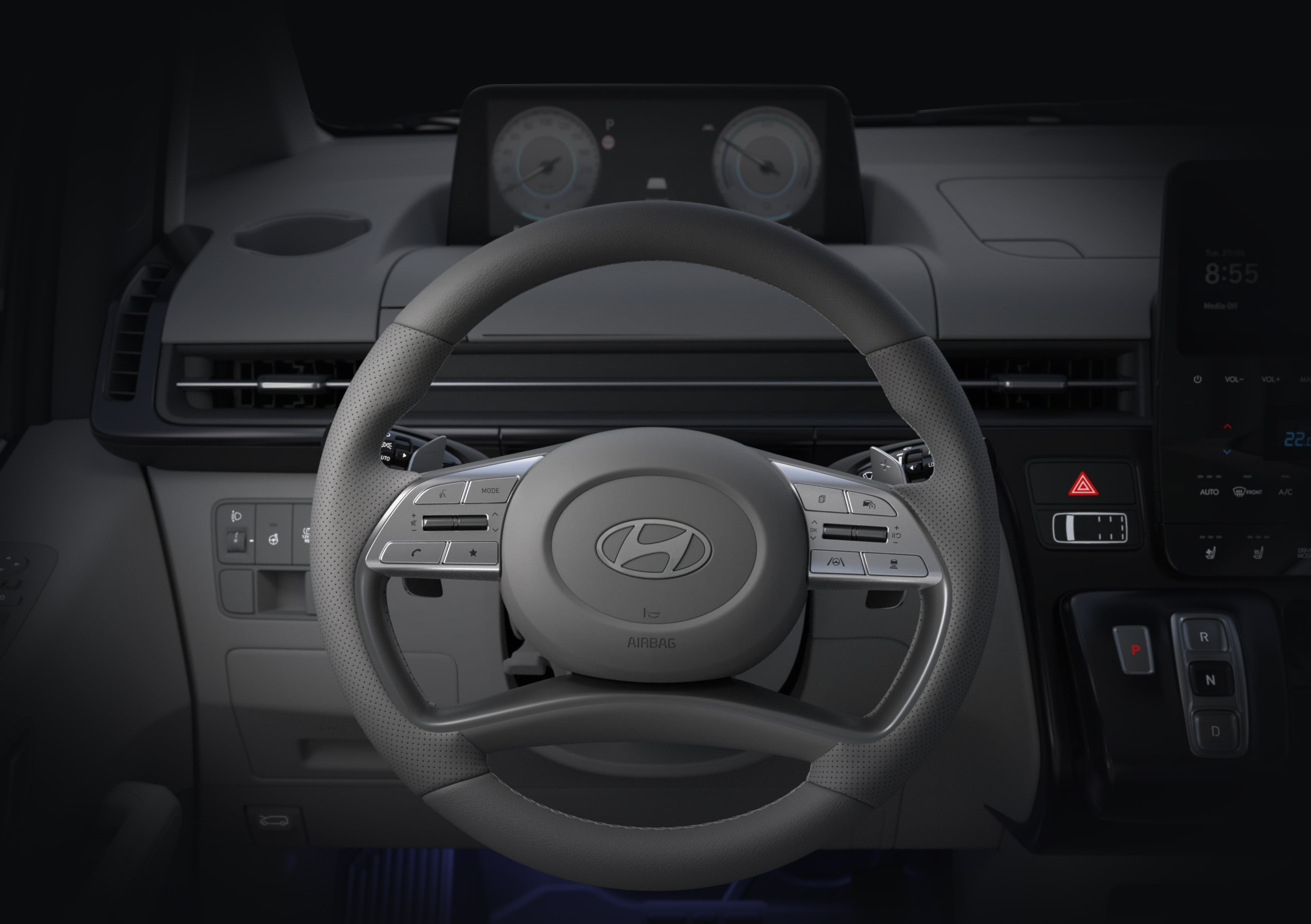    The cockpit and steering wheel of the Hyundai STARIA Hybrid.